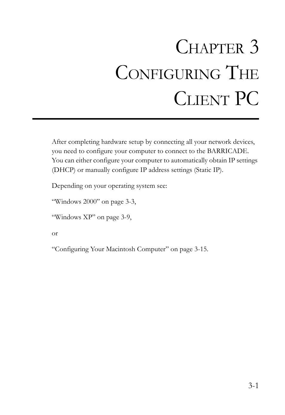 Chapter 3 configuring the client pc, Configuring the client pc -1 | SMC Networks SMC Barricade g SMCWBR14-G2 User Manual | Page 27 / 132