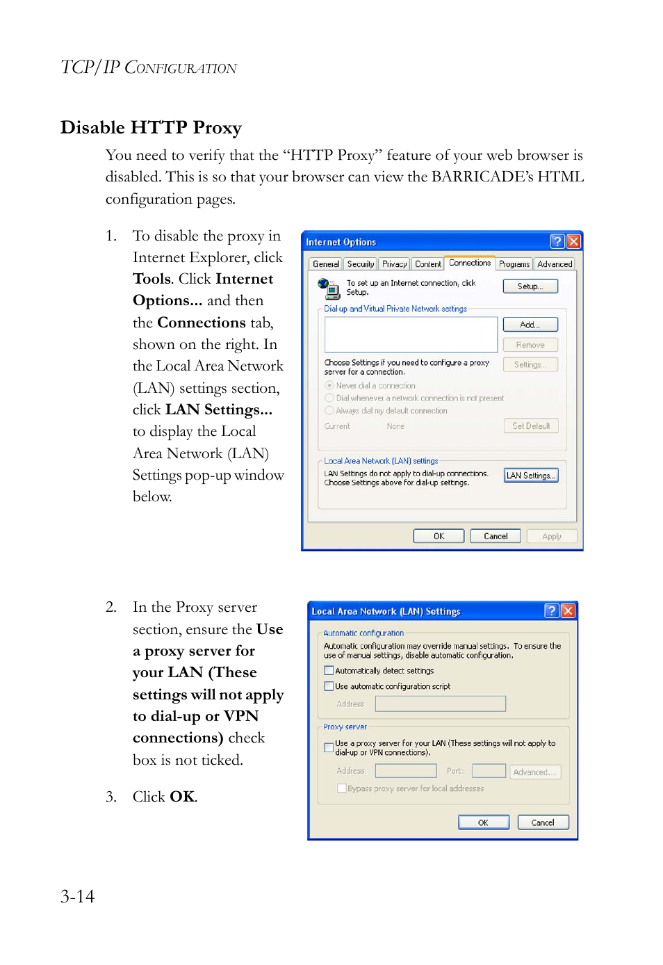 Disable http proxy, Disable http proxy -14, Tcp/ip c | SMC Networks SMC Barricade g SMCWBR14-G2 User Manual | Page 40 / 132