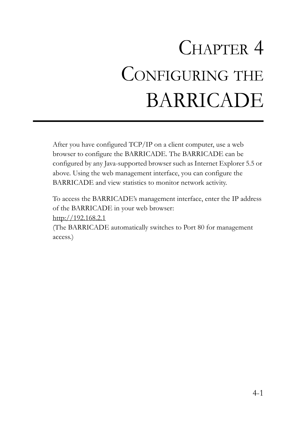 Chapter 4 configuring the barricade, Configuring the barricade -1, Barricade | SMC Networks SMC Barricade g SMCWBR14-G2 User Manual | Page 45 / 132