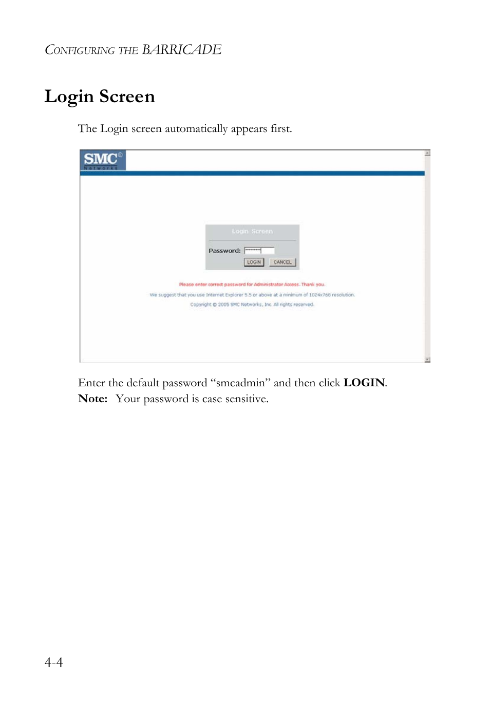 Login screen, Login screen -4 | SMC Networks SMC Barricade g SMCWBR14-G2 User Manual | Page 48 / 132