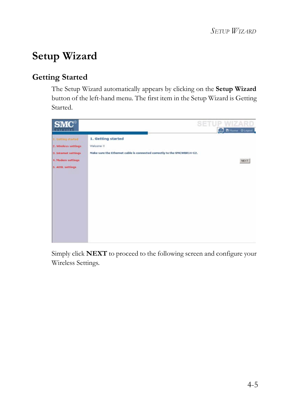 Setup wizard, Getting started, Setup wizard -5 | Getting started -5 | SMC Networks SMC Barricade g SMCWBR14-G2 User Manual | Page 49 / 132