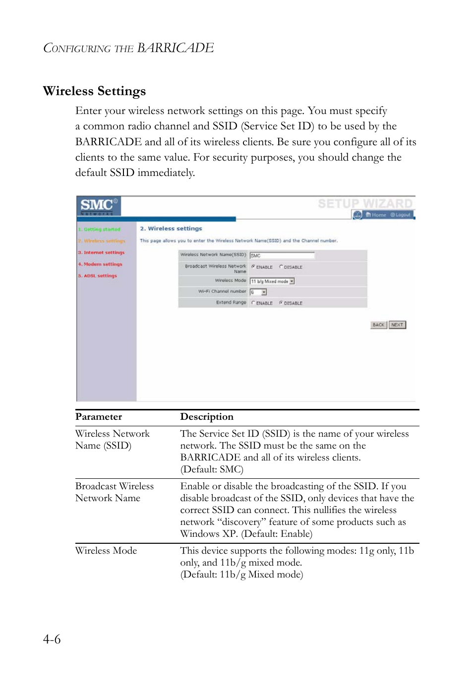 Wireless settings, Wireless settings -6, Barricade 4-6 wireless settings | SMC Networks SMC Barricade g SMCWBR14-G2 User Manual | Page 50 / 132