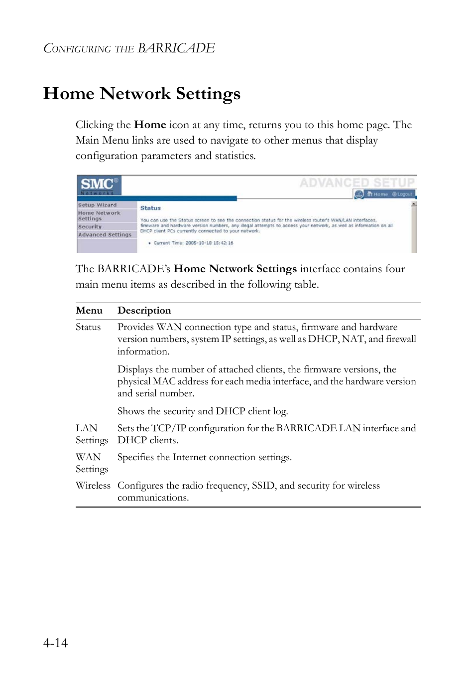 Home network settings, Home network settings -14, Barricade 4-14 | SMC Networks SMC Barricade g SMCWBR14-G2 User Manual | Page 58 / 132