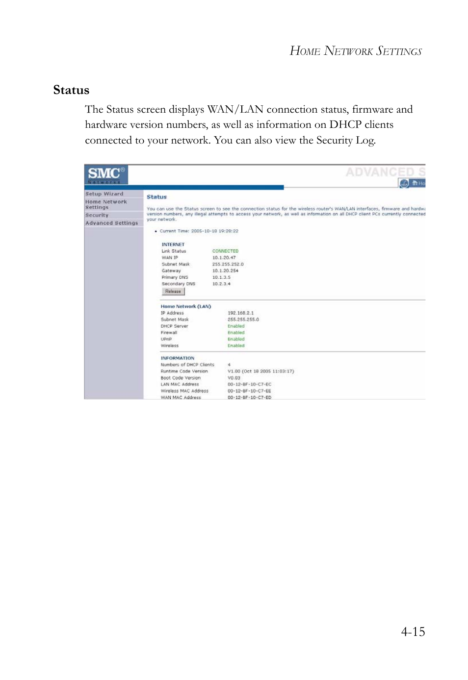 Status, Status -15 | SMC Networks SMC Barricade g SMCWBR14-G2 User Manual | Page 59 / 132