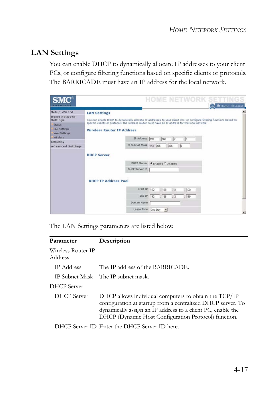 Lan settings, Lan settings -17, 17 lan settings | SMC Networks SMC Barricade g SMCWBR14-G2 User Manual | Page 61 / 132