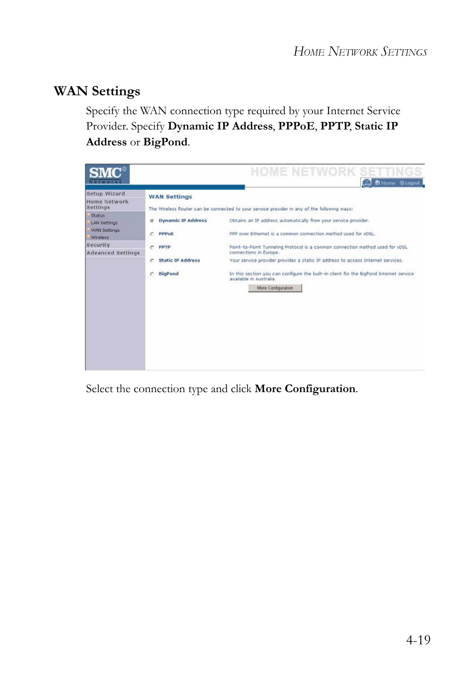 Wan settings, Wan settings -19, 19 wan settings | SMC Networks SMC Barricade g SMCWBR14-G2 User Manual | Page 63 / 132