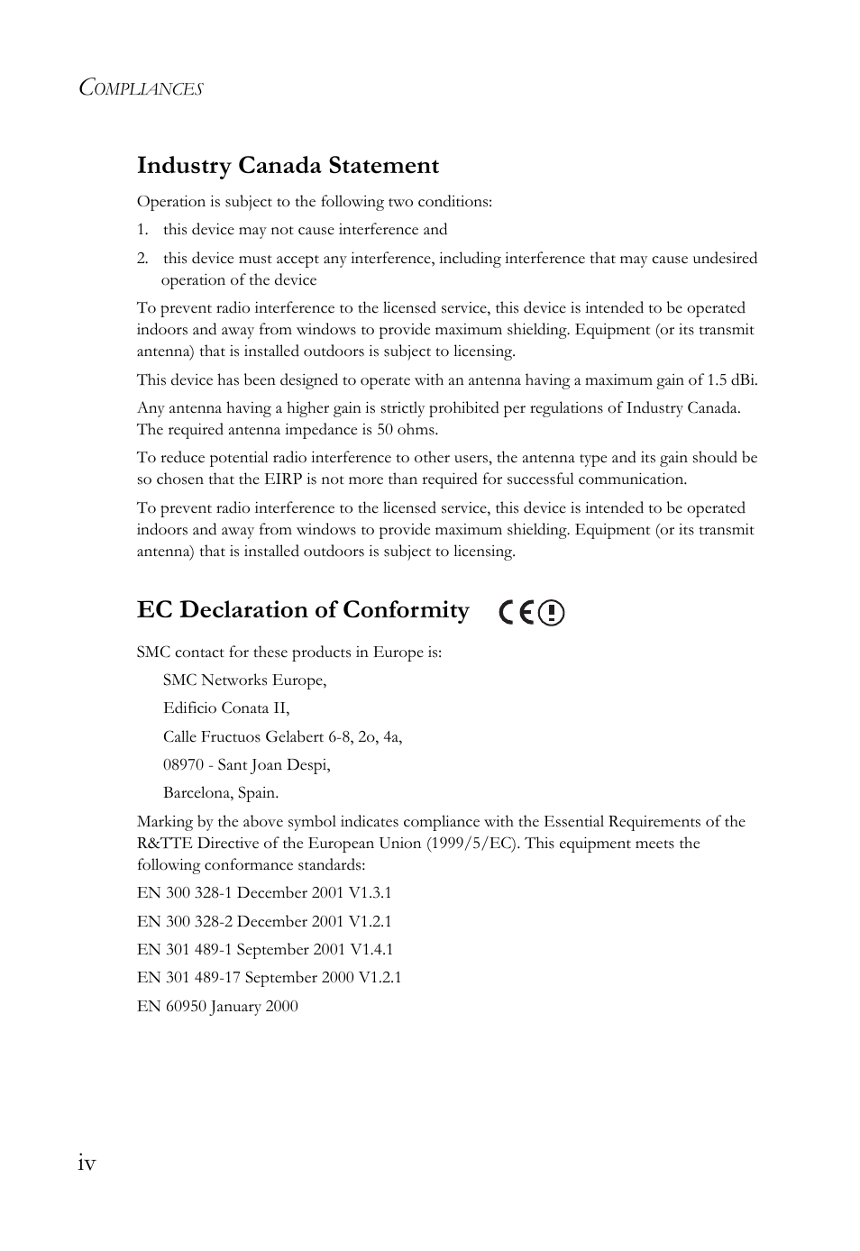 Iv industry canada statement, Ec declaration of conformity | SMC Networks SMC Barricade g SMCWBR14-G2 User Manual | Page 8 / 132