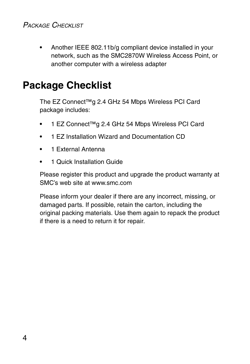 Package checklist | SMC Networks EZ ConnectTMg 2.4 GHz 54Mbps SMC2602W User Manual | Page 13 / 47