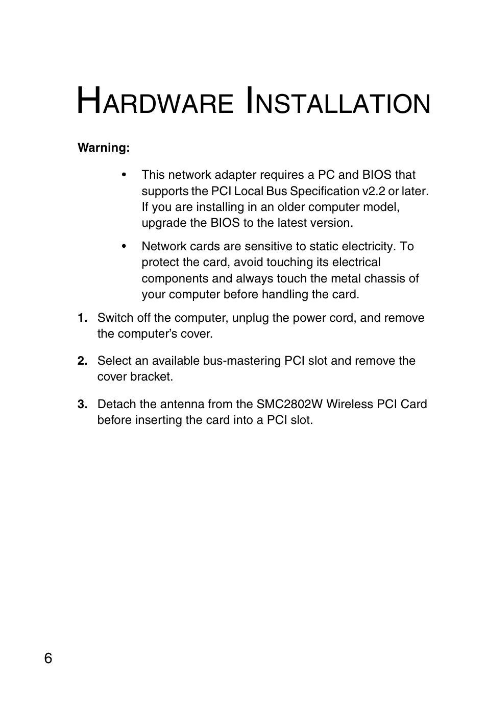 Hardware installation, Ardware, Nstallation | SMC Networks EZ ConnectTMg 2.4 GHz 54Mbps SMC2602W User Manual | Page 15 / 47