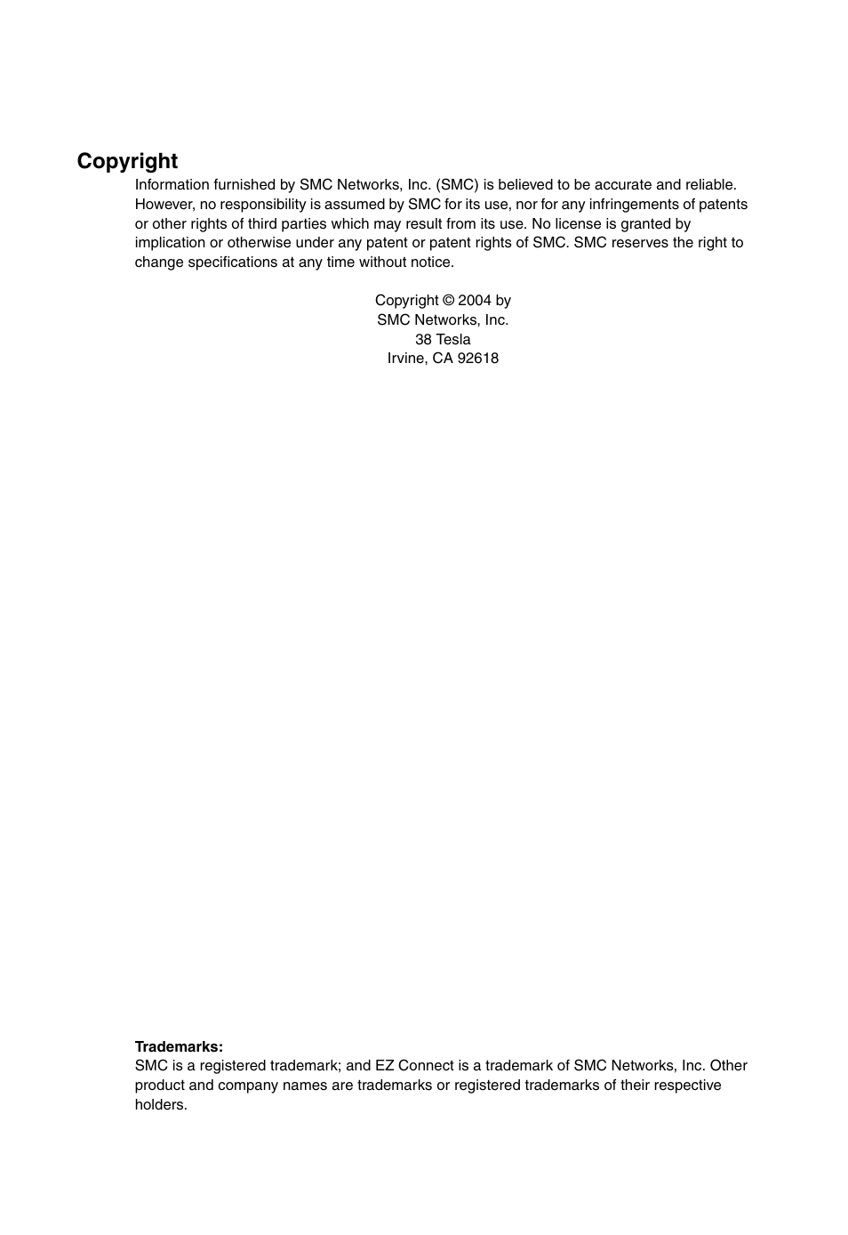 Copyright | SMC Networks EZ ConnectTMg 2.4 GHz 54Mbps SMC2602W User Manual | Page 3 / 47