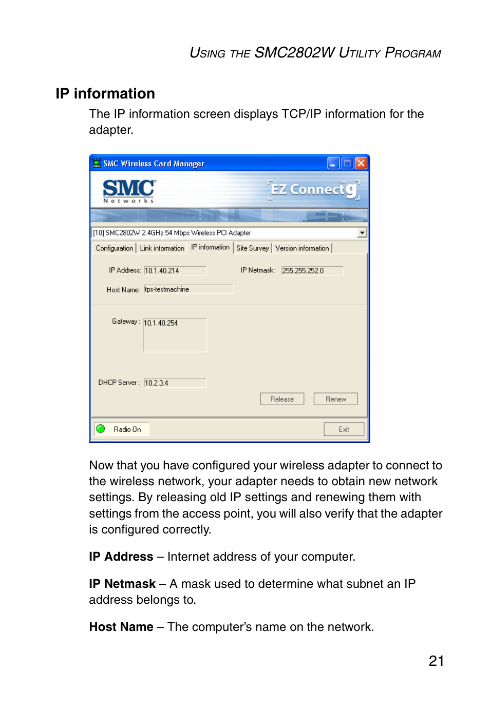 Ip information, Smc2802w u, 21 ip information | SMC Networks EZ ConnectTMg 2.4 GHz 54Mbps SMC2602W User Manual | Page 30 / 47