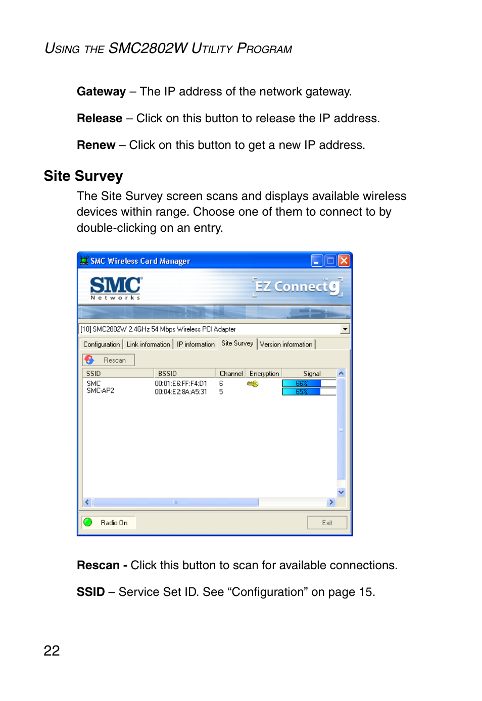 Site survey, Smc2802w u | SMC Networks EZ ConnectTMg 2.4 GHz 54Mbps SMC2602W User Manual | Page 31 / 47