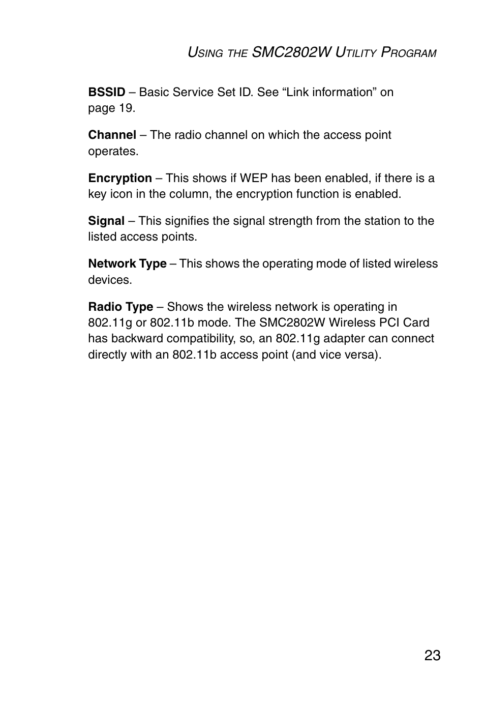 Smc2802w u | SMC Networks EZ ConnectTMg 2.4 GHz 54Mbps SMC2602W User Manual | Page 32 / 47