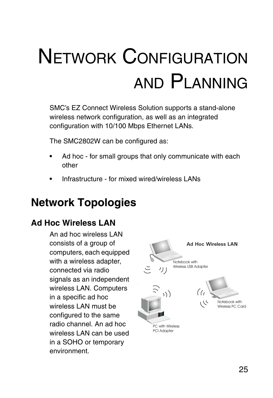 Network configuration and planning, Network topologies, Ad hoc wireless lan | Etwork, Onfiguration and, Lanning | SMC Networks EZ ConnectTMg 2.4 GHz 54Mbps SMC2602W User Manual | Page 34 / 47