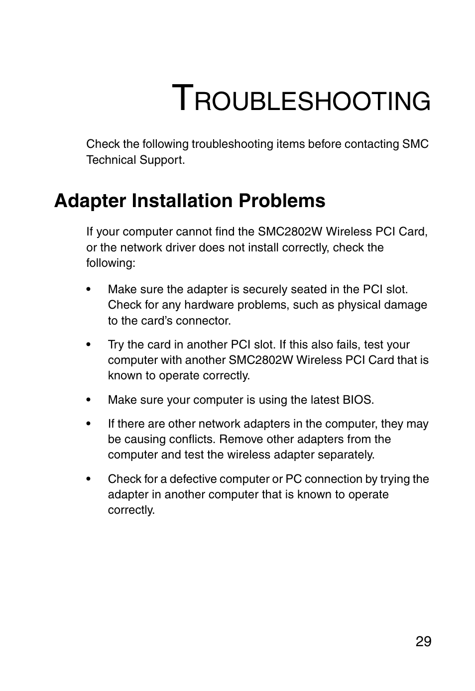 Troubleshooting, Adapter installation problems, Roubleshooting | SMC Networks EZ ConnectTMg 2.4 GHz 54Mbps SMC2602W User Manual | Page 38 / 47