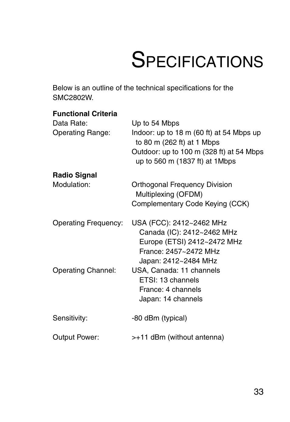 Specifications, Pecifications | SMC Networks EZ ConnectTMg 2.4 GHz 54Mbps SMC2602W User Manual | Page 42 / 47