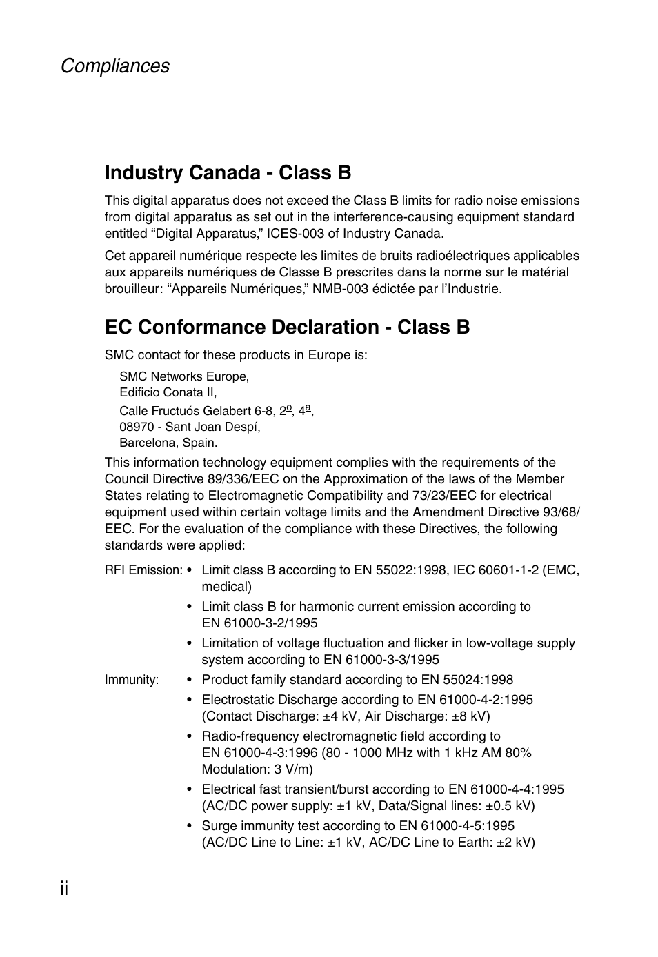 Compliances ii industry canada - class b, Ec conformance declaration - class b | SMC Networks EZ ConnectTMg 2.4 GHz 54Mbps SMC2602W User Manual | Page 5 / 47