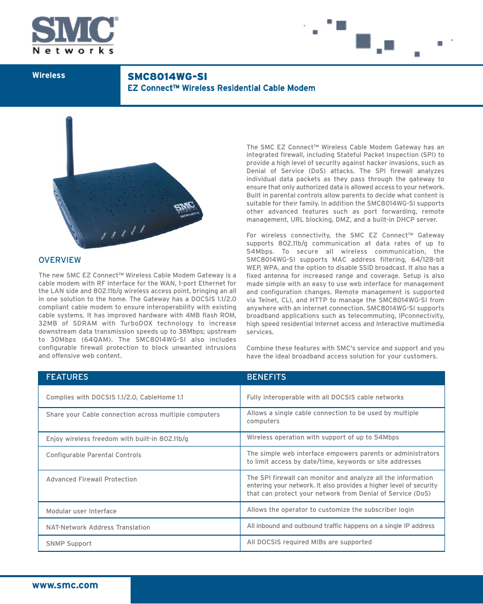 SMC Networks EZ Connect SMC8014WG-SI User Manual | 2 pages