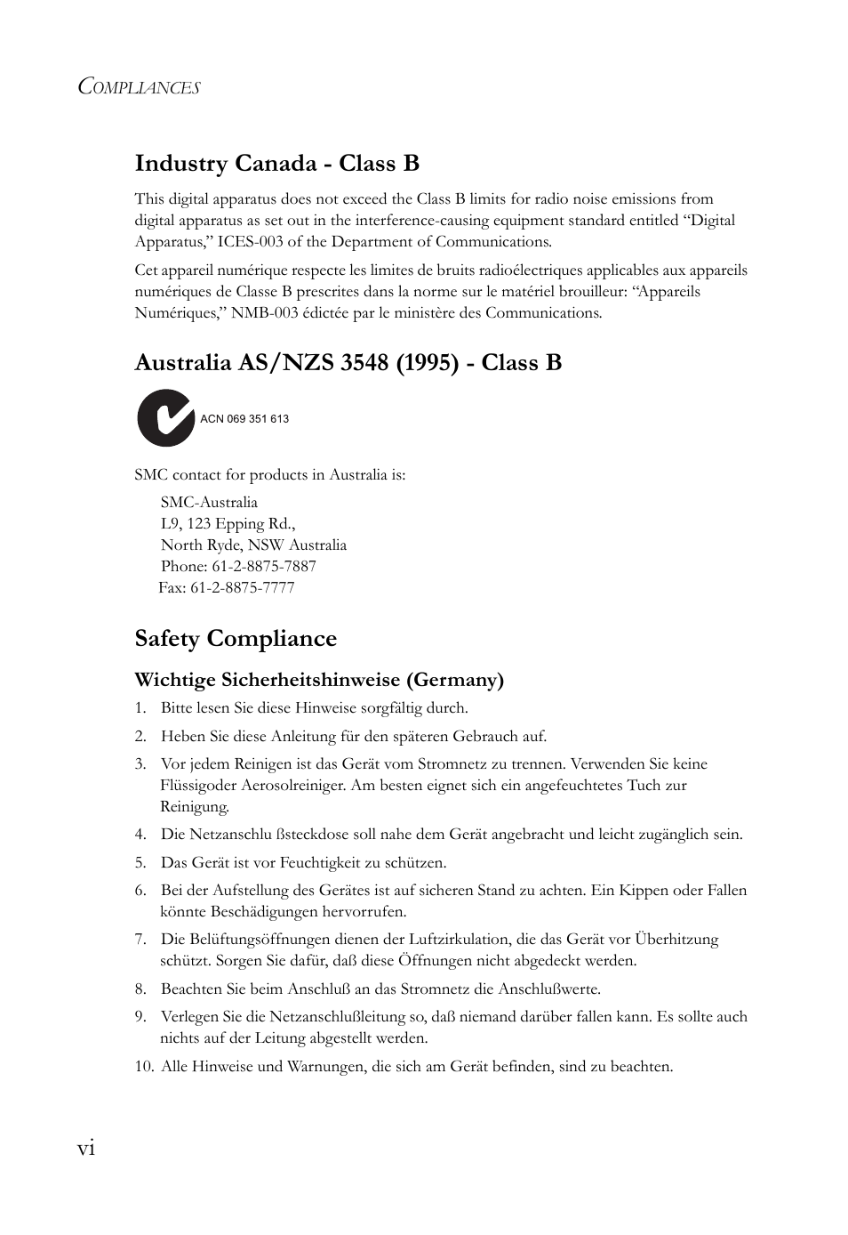 Vi industry canada - class b, Safety compliance | SMC Networks SMC7003USB V.2 User Manual | Page 10 / 70