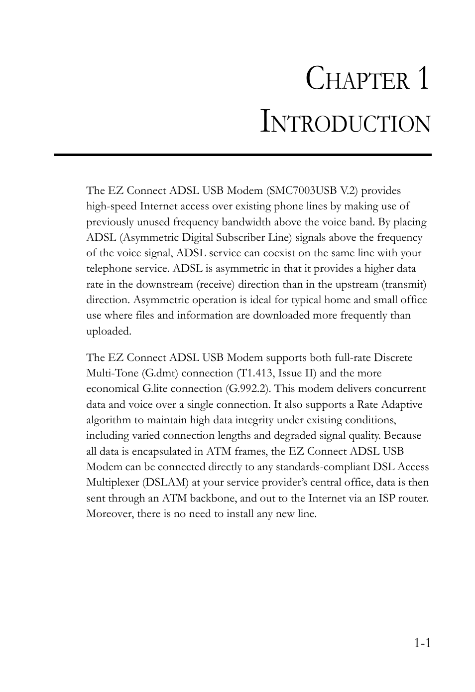 Chapter 1 introduction, Introduction -1 | SMC Networks SMC7003USB V.2 User Manual | Page 15 / 70