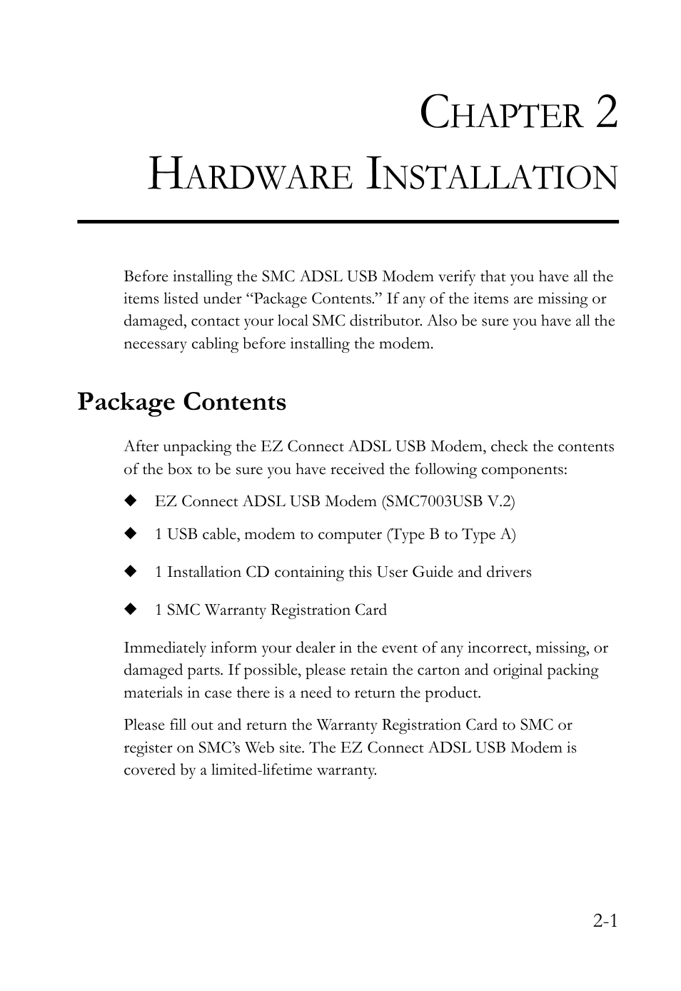 Chapter 2 hardware installation, Package contents, Hardware installation -1 | Package contents -1, Hapter, Ardware, Nstallation | SMC Networks SMC7003USB V.2 User Manual | Page 19 / 70