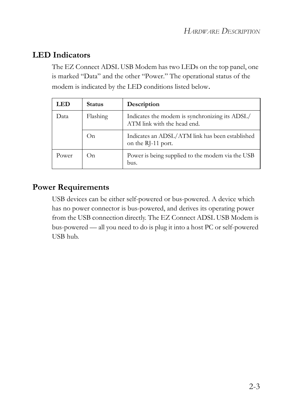 Led indicators, Power requirements, Led indicators -3 power requirements -3 | 3 led indicators | SMC Networks SMC7003USB V.2 User Manual | Page 21 / 70