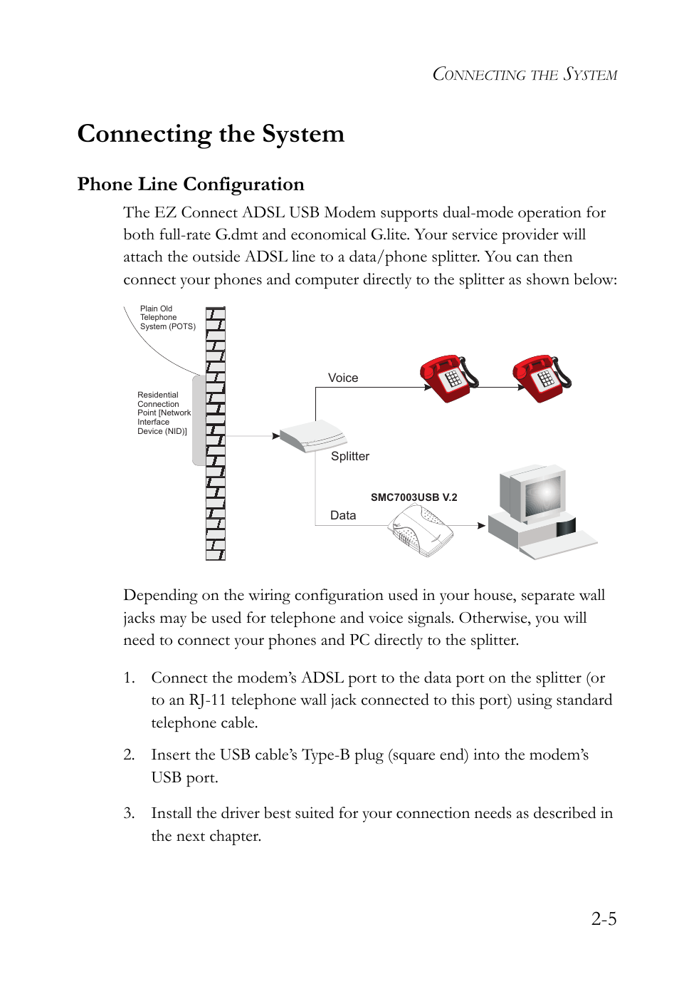 Connecting the system, Phone line configuration, Connecting the system -5 | Phone line configuration -5 | SMC Networks SMC7003USB V.2 User Manual | Page 23 / 70