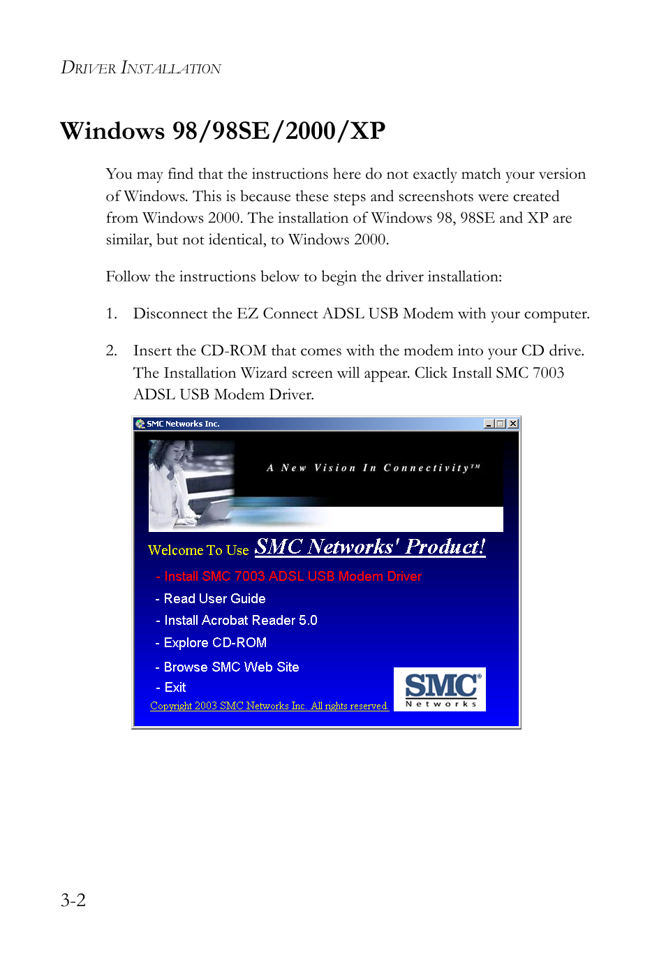 Windows 98/98se/2000/xp, Windows 98/98se/2000/xp -2 | SMC Networks SMC7003USB V.2 User Manual | Page 26 / 70