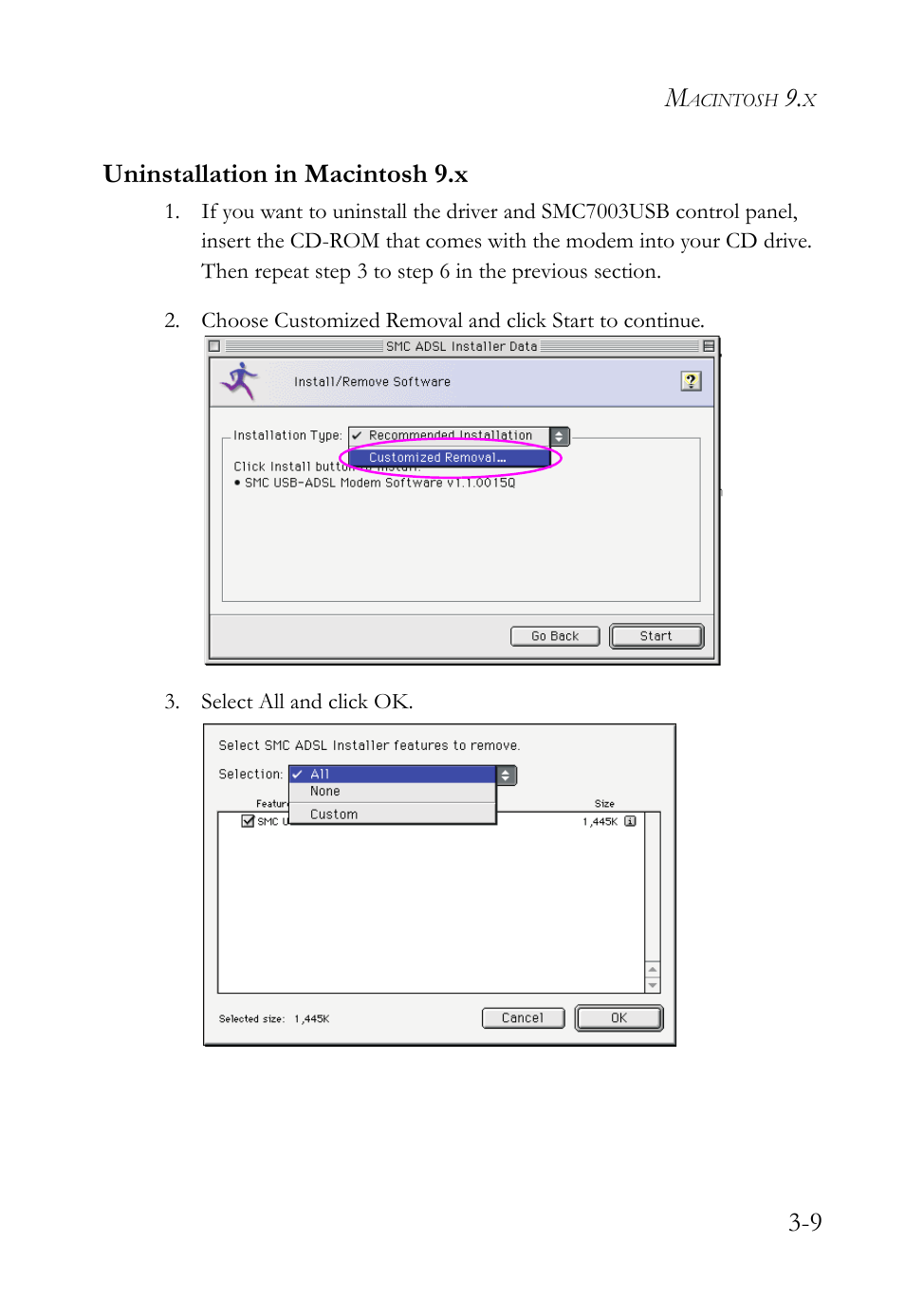 Uninstallation in macintosh 9.x, Uninstallation in macintosh 9.x -9, 9 uninstallation in macintosh 9.x | SMC Networks SMC7003USB V.2 User Manual | Page 33 / 70