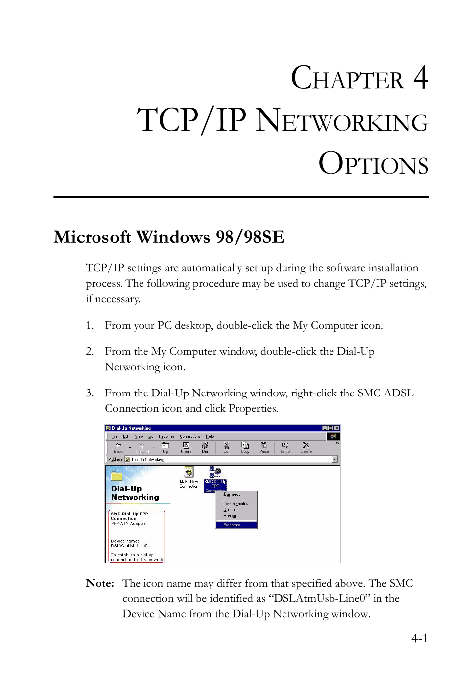 Chapter 4 tcp/ip networking options, Microsoft windows 98/98se, Tcp/ip networking options -1 | Microsoft windows 98/98se -1, 4tcp/ip n, Hapter, Etworking, Ptions | SMC Networks SMC7003USB V.2 User Manual | Page 35 / 70