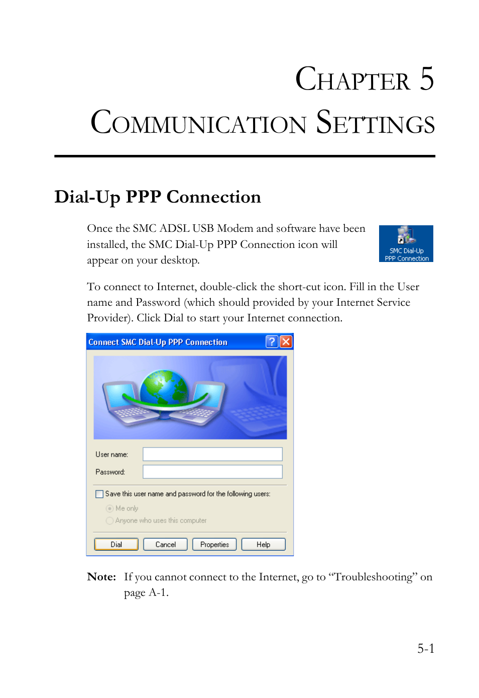 Chapter 5 communication settings, Dial-up ppp connection, Communication settings -1 | Dial-up ppp connection -1, Hapter, Ommunication, Ettings | SMC Networks SMC7003USB V.2 User Manual | Page 49 / 70