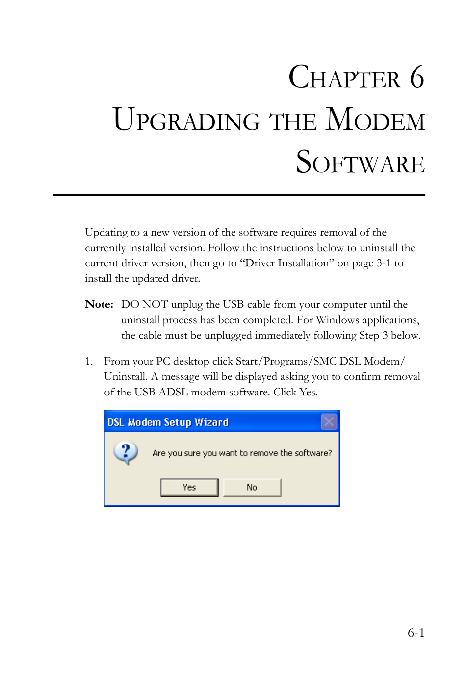 Chapter 6 upgrading the modem software, Upgrading the modem software -1 | SMC Networks SMC7003USB V.2 User Manual | Page 55 / 70