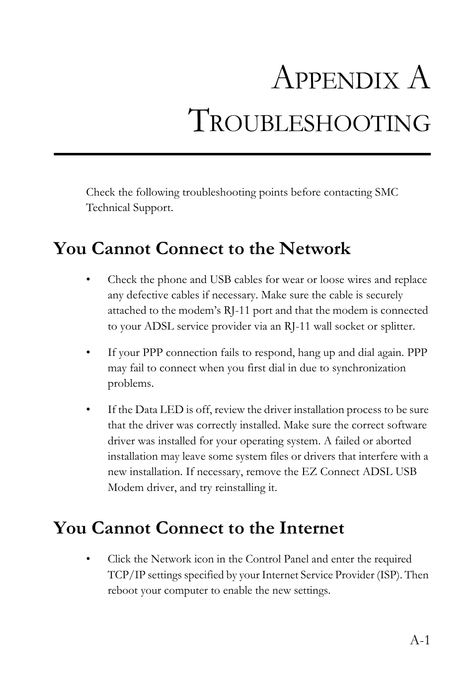 Appendix a troubleshooting, You cannot connect to the network, You cannot connect to the internet | Ppendix, Roubleshooting | SMC Networks SMC7003USB V.2 User Manual | Page 59 / 70