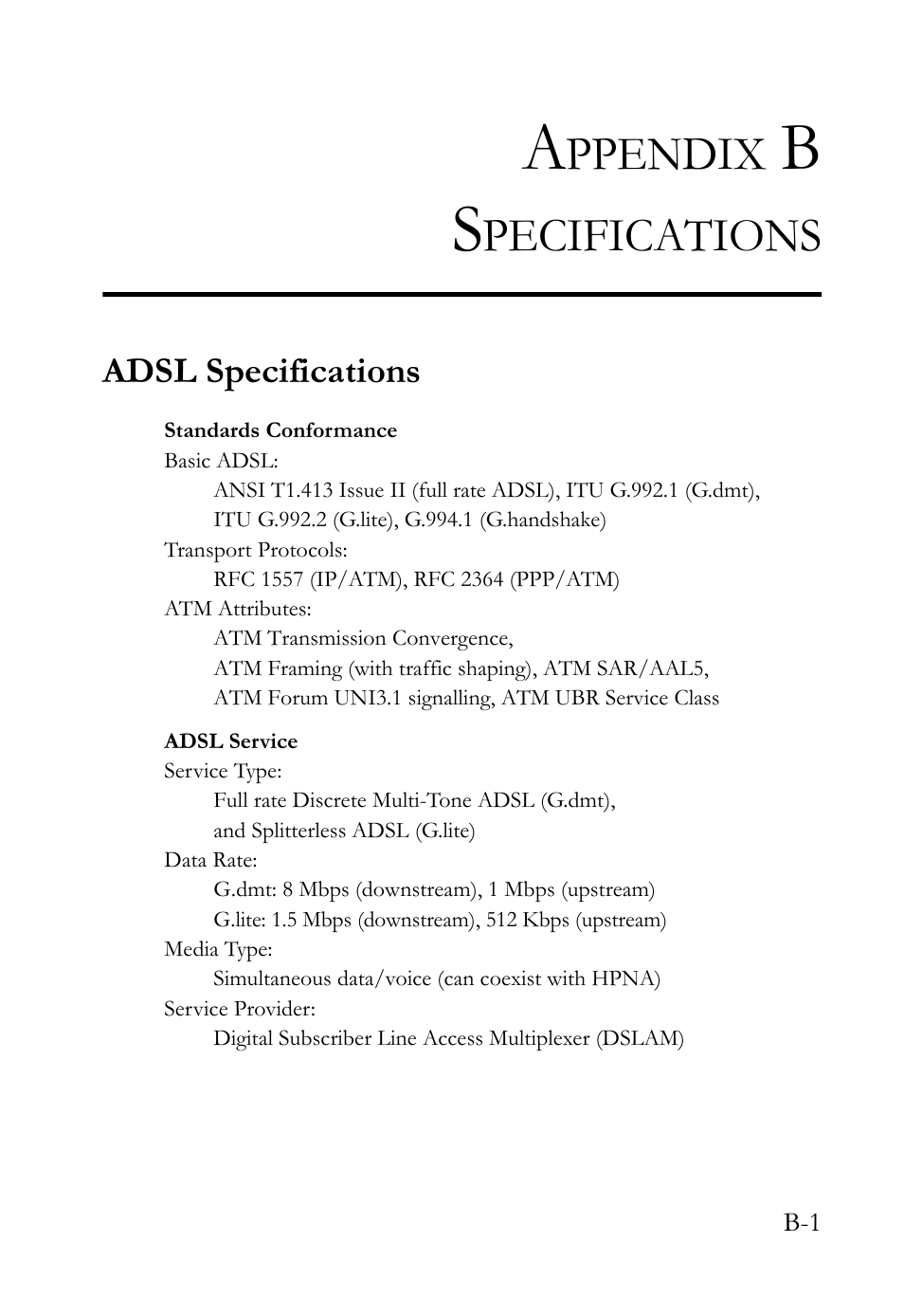 Appendix b specifications, Adsl specifications, Ppendix | Pecifications | SMC Networks SMC7003USB V.2 User Manual | Page 61 / 70