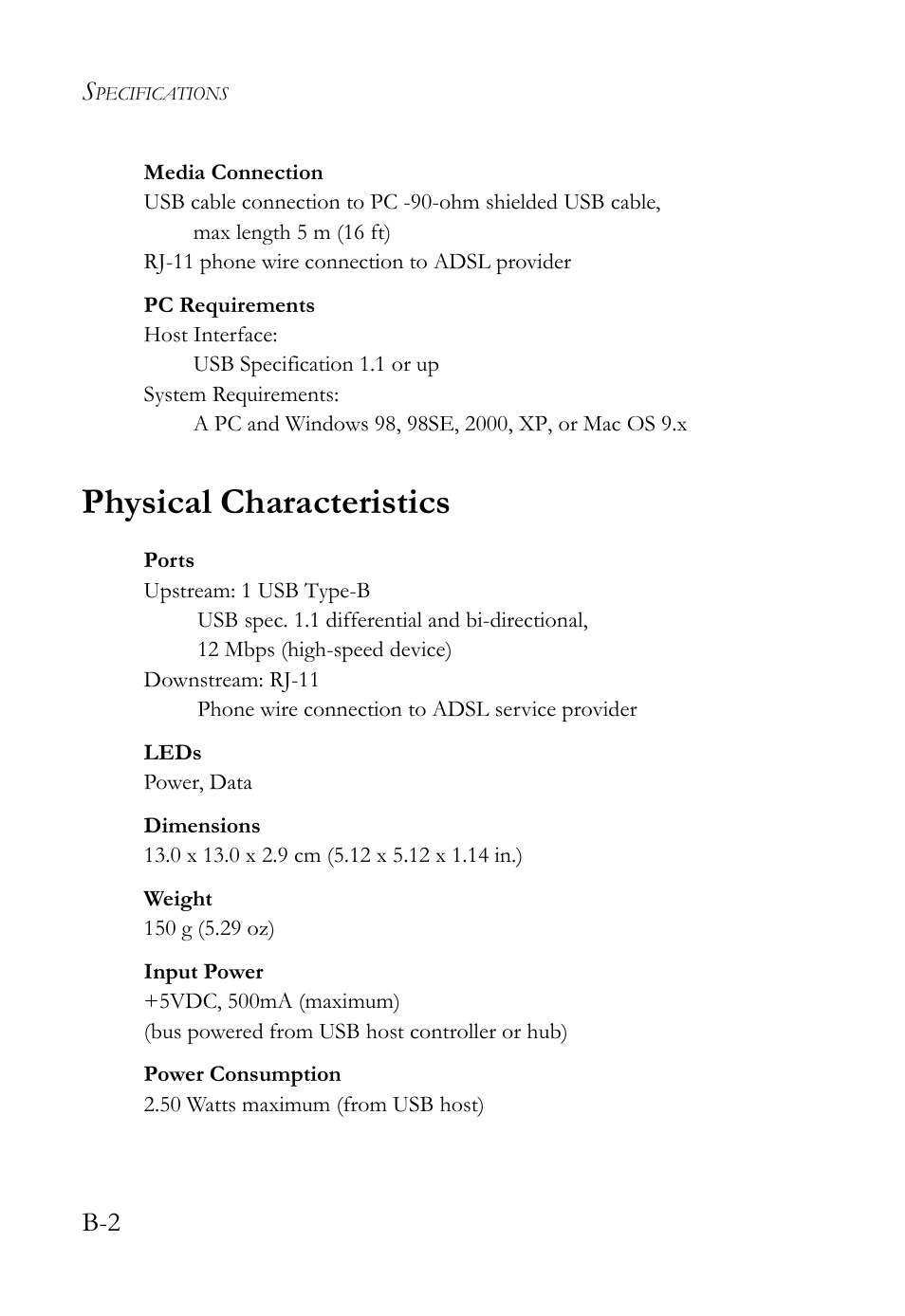 Physical characteristics | SMC Networks SMC7003USB V.2 User Manual | Page 62 / 70