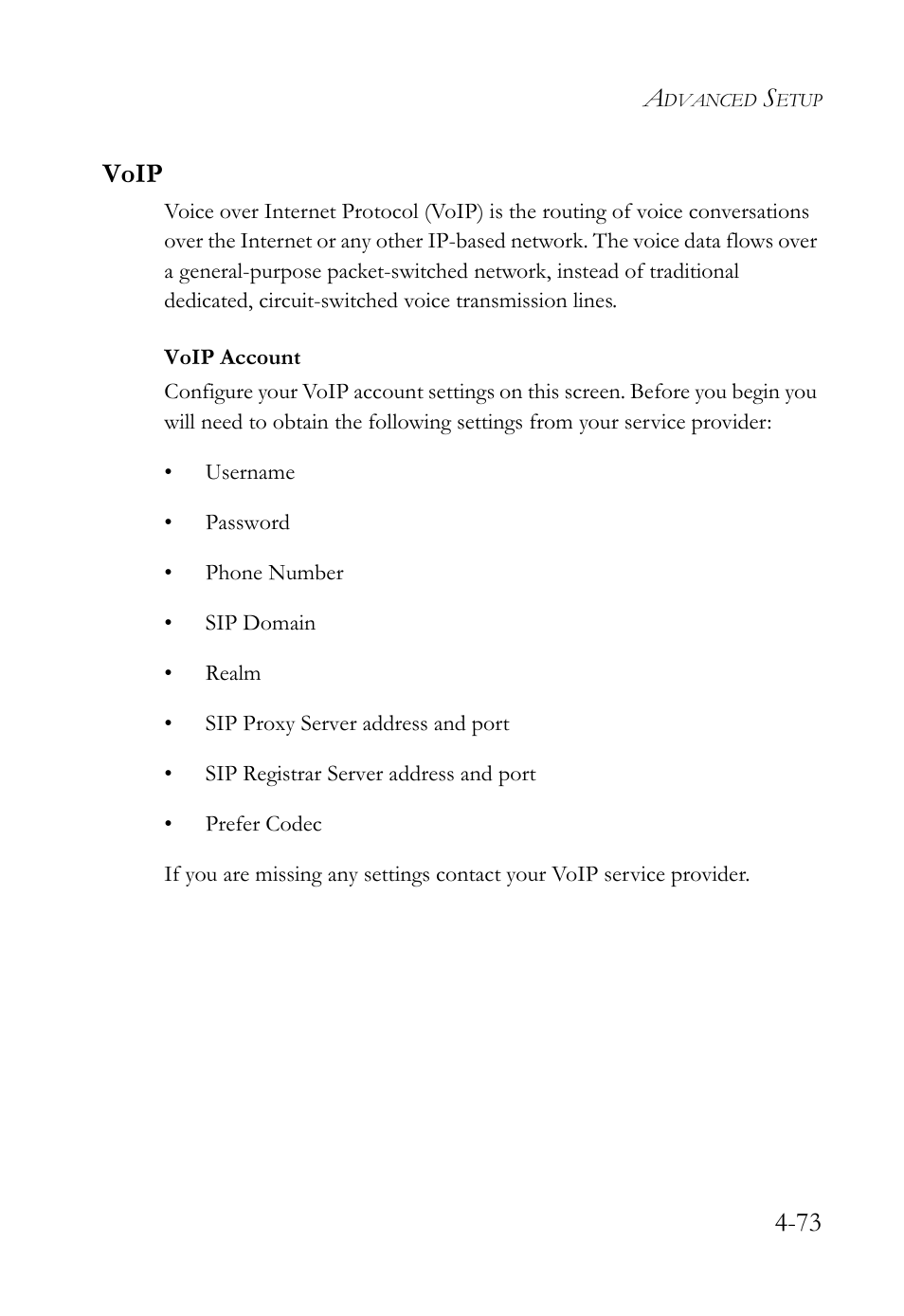 Voip, Voip -74, 73 voip | SMC Networks Barricade SMC7908VoWBRA2 User Manual | Page 109 / 151