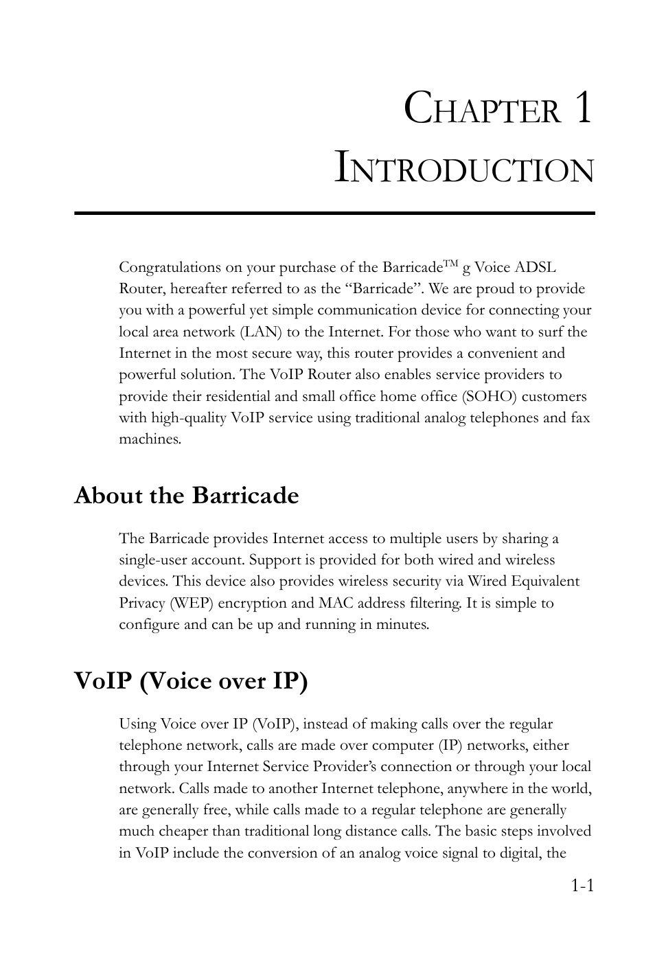 Chapter 1 introduction, About the barricade, Voip (voice over ip) | Introduction -1, About the barricade -1 voip (voice over ip) -1, Hapter, Ntroduction | SMC Networks Barricade SMC7908VoWBRA2 User Manual | Page 13 / 151