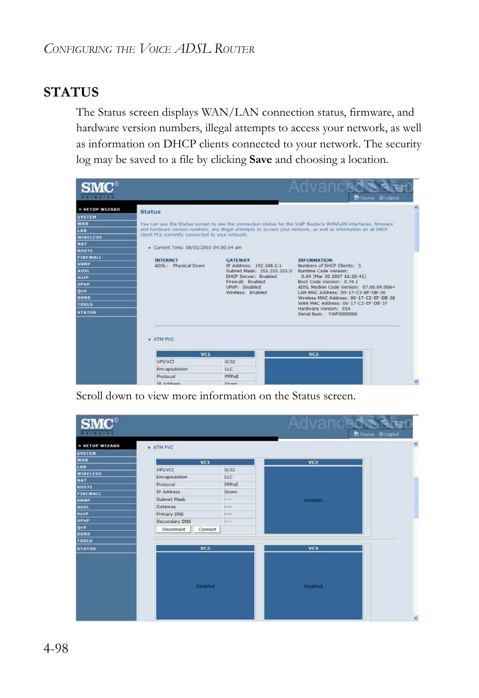 Status, Status -99, Adsl r | 98 status | SMC Networks Barricade SMC7908VoWBRA2 User Manual | Page 134 / 151