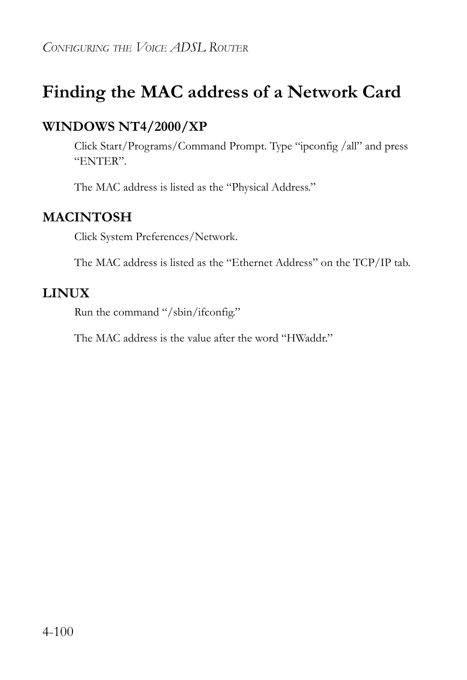 Finding the mac address of a network card, Windows nt4/2000/xp, Macintosh | Linux, Finding the mac address of a network card -101, Windows nt4/2000/xp -101 macintosh -101 linux -101 | SMC Networks Barricade SMC7908VoWBRA2 User Manual | Page 136 / 151