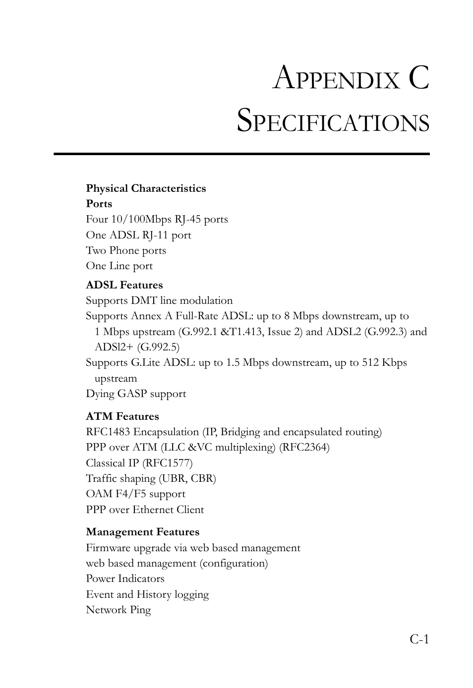 Appendix c specifications, Ppendix, Pecifications | SMC Networks Barricade SMC7908VoWBRA2 User Manual | Page 147 / 151