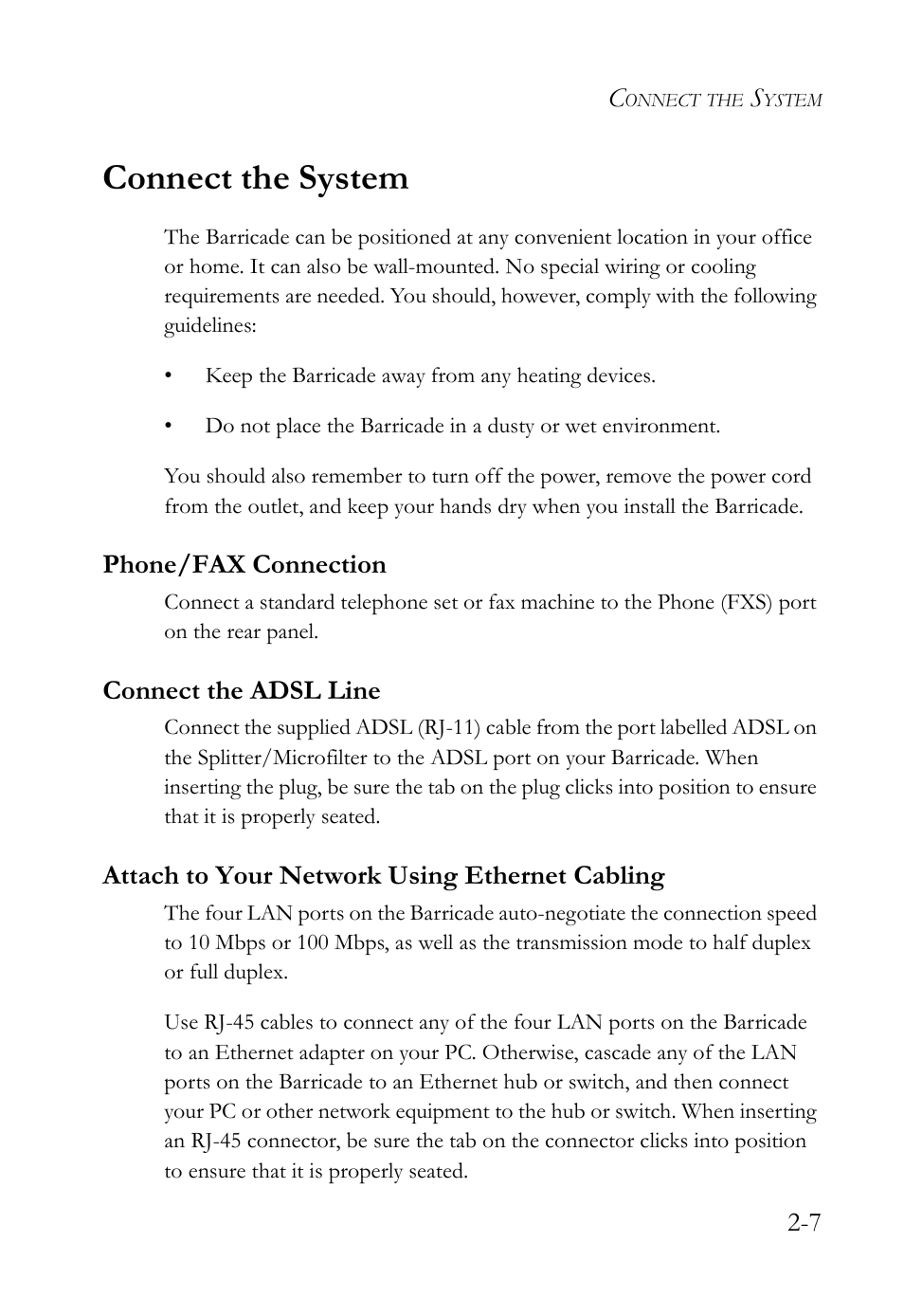 Connect the system, Phone/fax connection, Connect the adsl line | Attach to your network using ethernet cabling, Connect the system -7 | SMC Networks Barricade SMC7908VoWBRA2 User Manual | Page 23 / 151