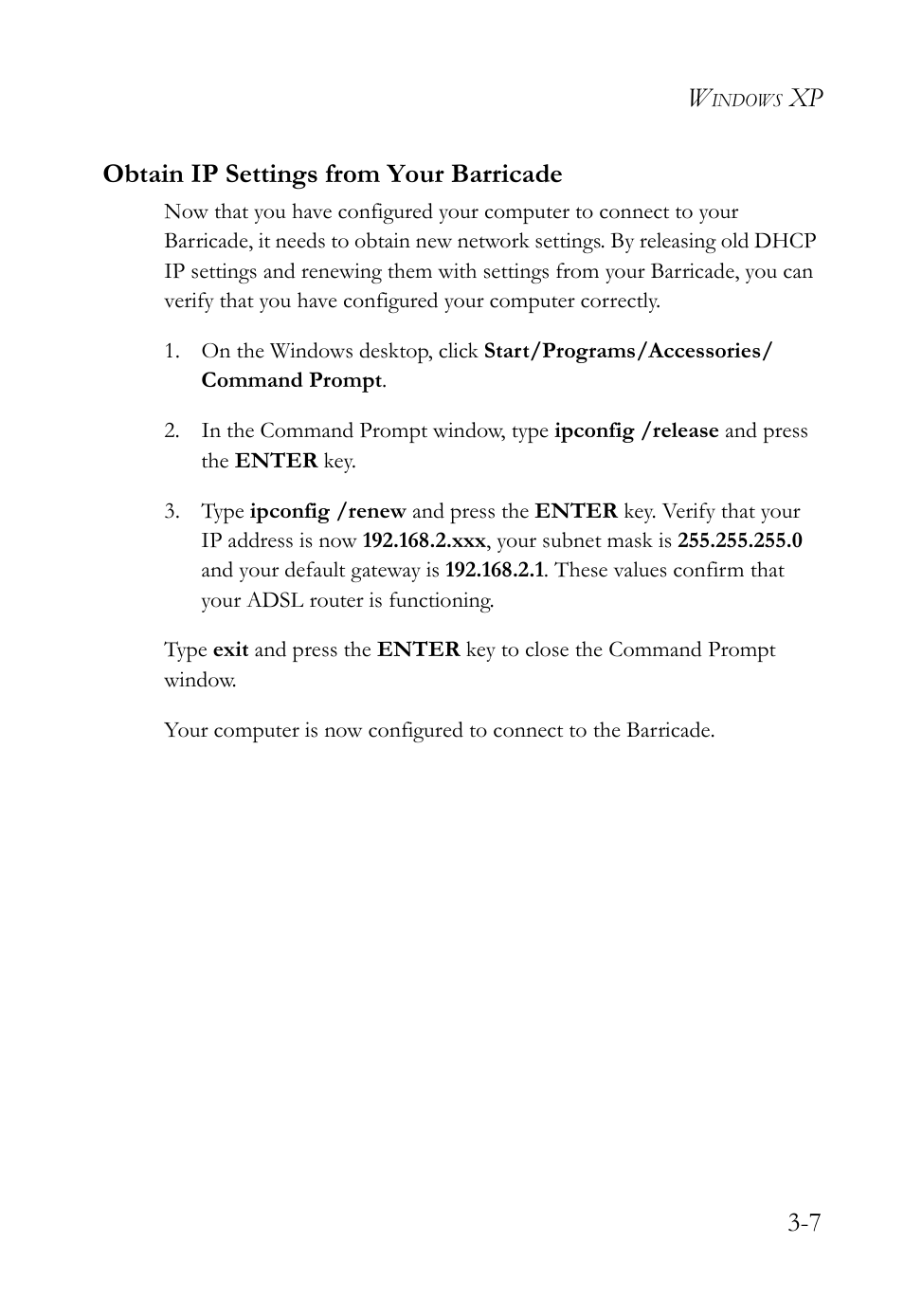 Obtain ip settings from your barricade, Obtain ip settings from your barricade -7, Xp 3-7 obtain ip settings from your barricade | SMC Networks Barricade SMC7908VoWBRA2 User Manual | Page 33 / 151