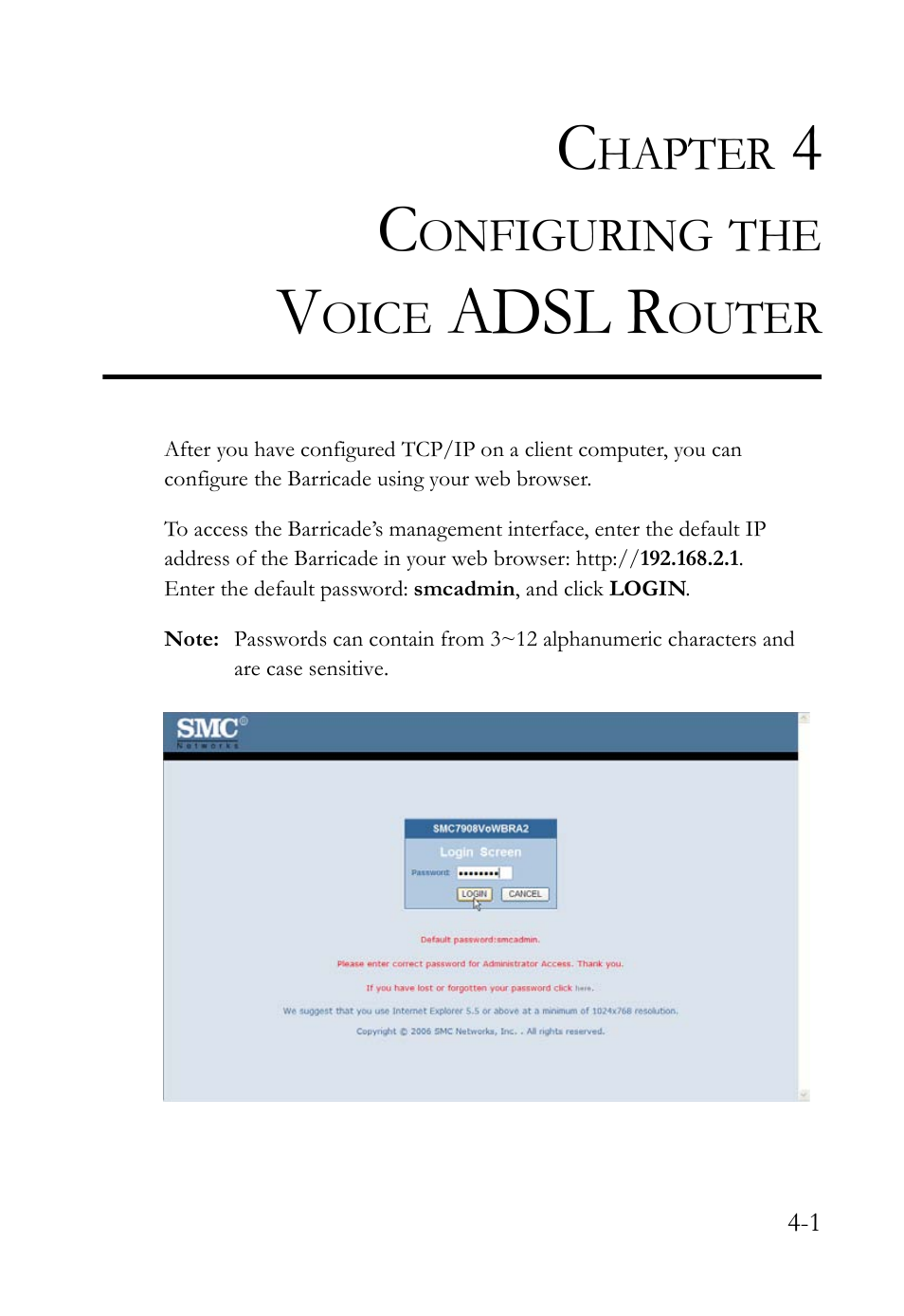 Chapter 4 configuring the voice adsl router, Configuring the voice adsl router -1, Adsl r | SMC Networks Barricade SMC7908VoWBRA2 User Manual | Page 37 / 151