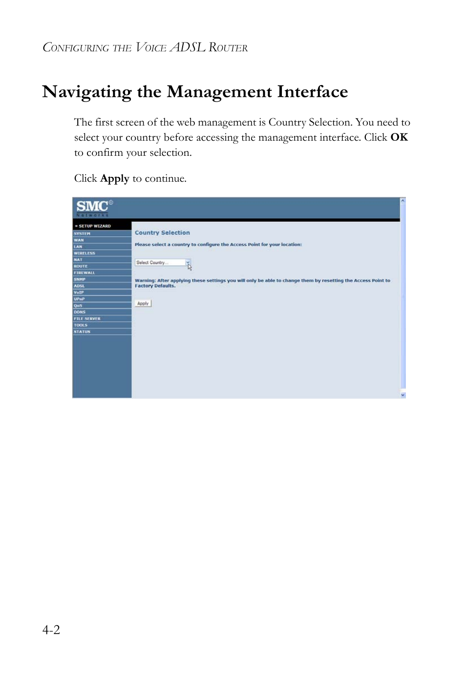 Navigating the management interface, Navigating the management interface -2 | SMC Networks Barricade SMC7908VoWBRA2 User Manual | Page 38 / 151