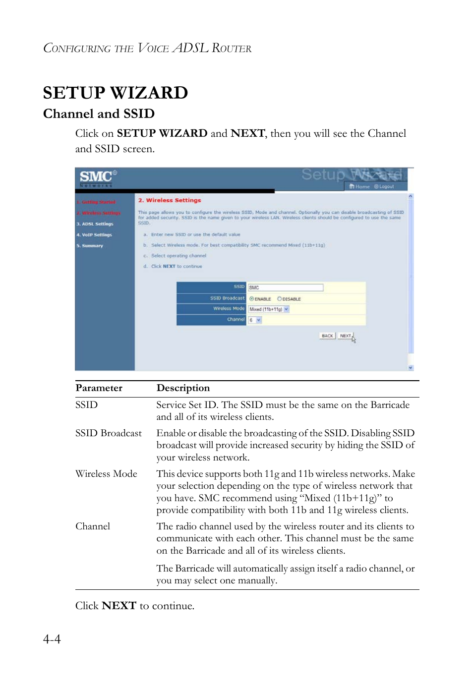 Setup wizard, Channel and ssid, Setup wizard -4 | Channel and ssid -4, Adsl r | SMC Networks Barricade SMC7908VoWBRA2 User Manual | Page 40 / 151