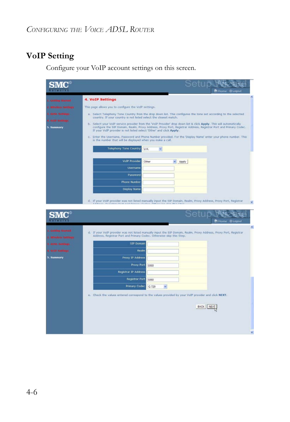 Voip setting, Voip setting -6 | SMC Networks Barricade SMC7908VoWBRA2 User Manual | Page 42 / 151