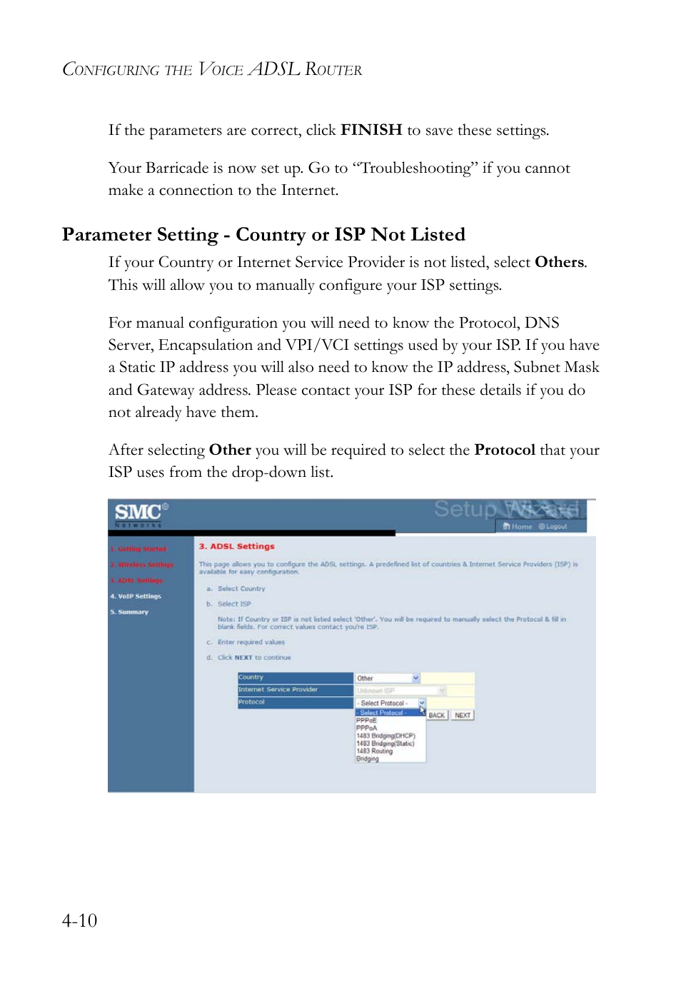 Parameter setting - country or isp not listed, Parameter setting - country or isp not listed -11, Adsl r | SMC Networks Barricade SMC7908VoWBRA2 User Manual | Page 46 / 151