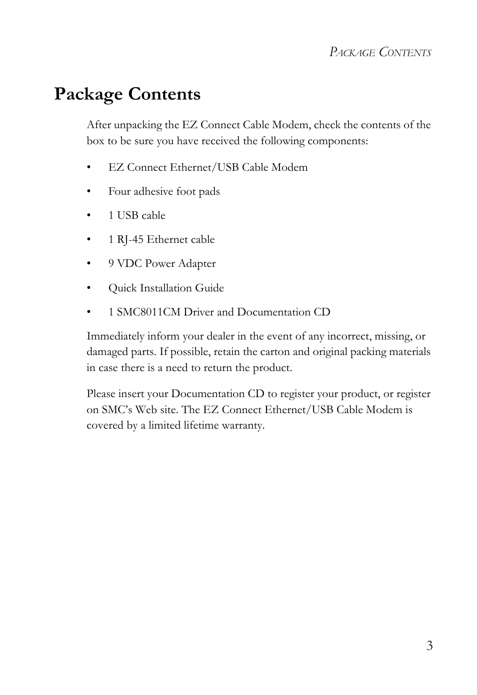 Package contents | SMC Networks SMC8011CM User Manual | Page 11 / 36