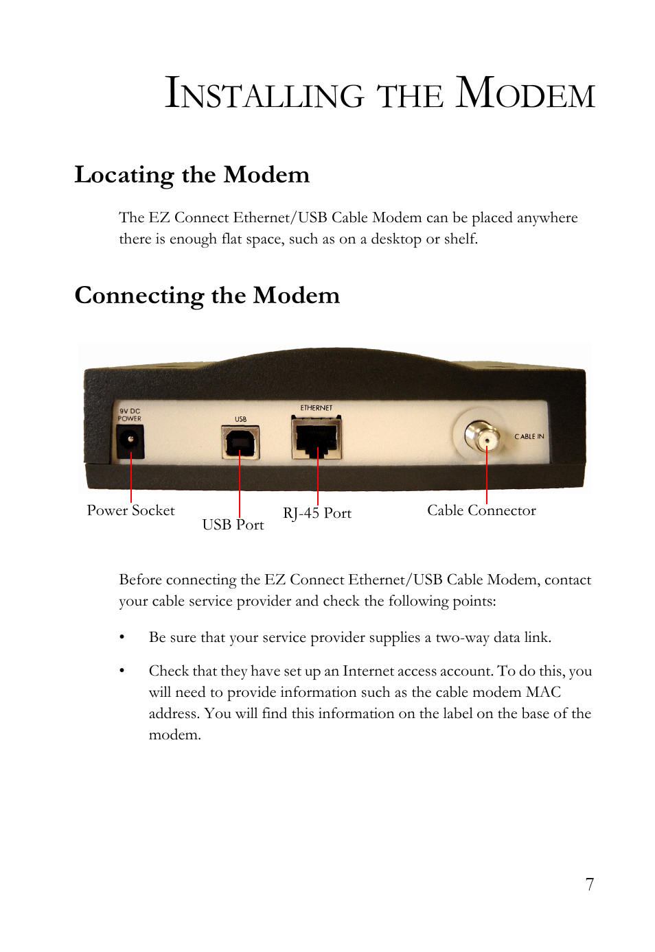 Installing the modem, Locating the modem, Connecting the modem | Locating the modem connecting the modem, Nstalling, Odem | SMC Networks SMC8011CM User Manual | Page 15 / 36