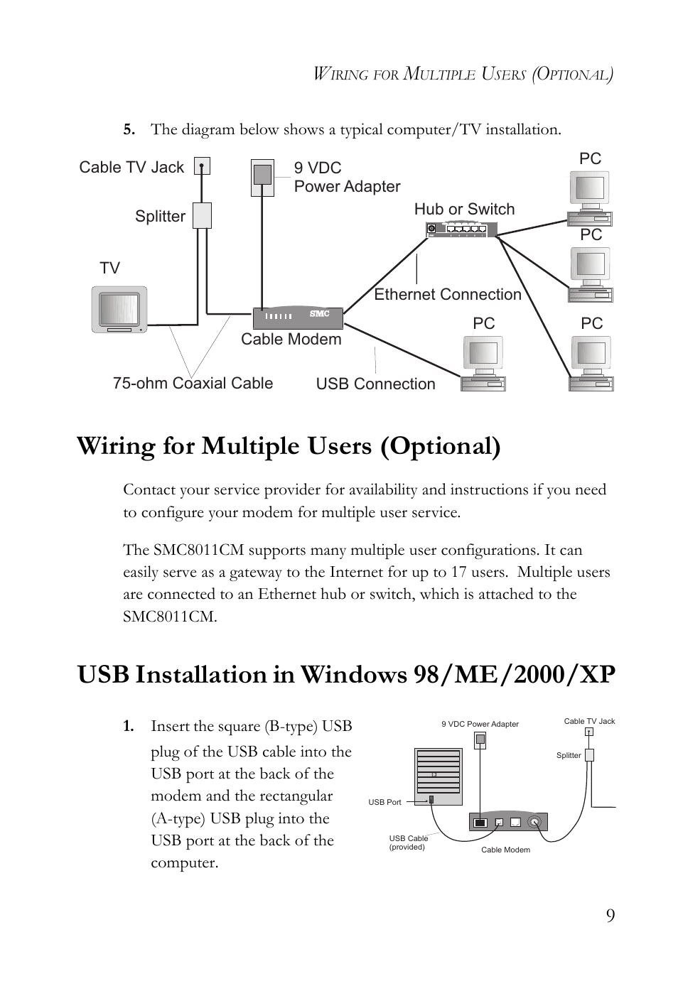 Wiring for multiple users (optional), Usb installation in windows 98/me/2000/xp | SMC Networks SMC8011CM User Manual | Page 17 / 36